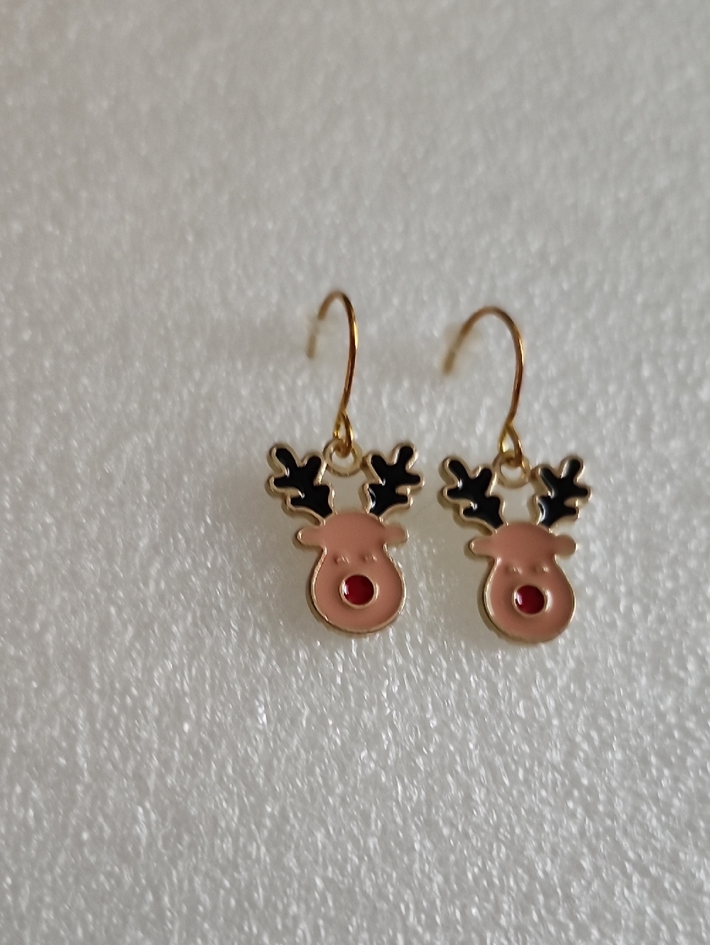 Hand Crafted Pink Reindeer Earrings with Gold Hooks and Black Antlers